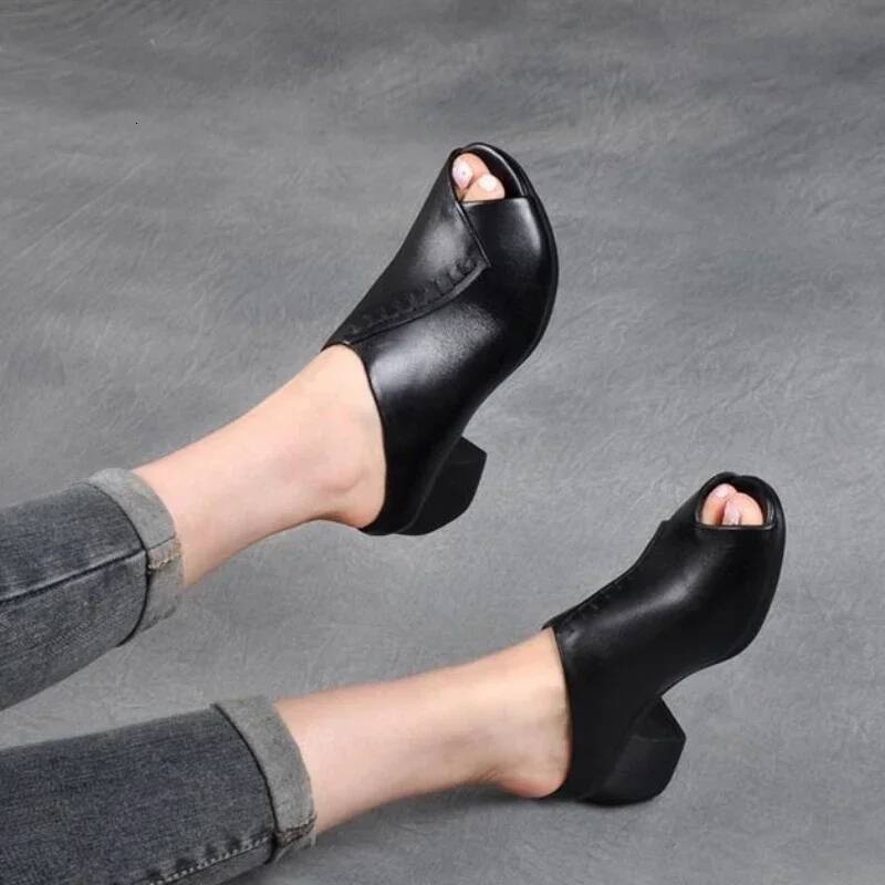 Ddmyoutdoor Thick Heeled Soft Leather Slippers Fish Mouth Womens Sandals Comfortable Versatile Women Shoe Platform Wedges Zapatillas Beach Shoes outdo