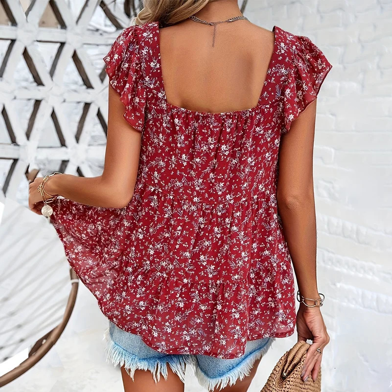 Plus Size Womens Shirts Floral Print Square Collar Layered Loose Fit Suitable for Work Clothing and Vacation 250527