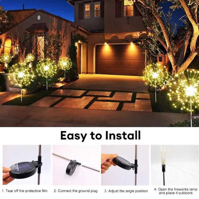 1PC Solar Fireworks Lamp Outdoor Grass Globe Dandelion Flash String Fairy lights 90 /120/150LED For Garden Lawn Holiday LightXJ250606