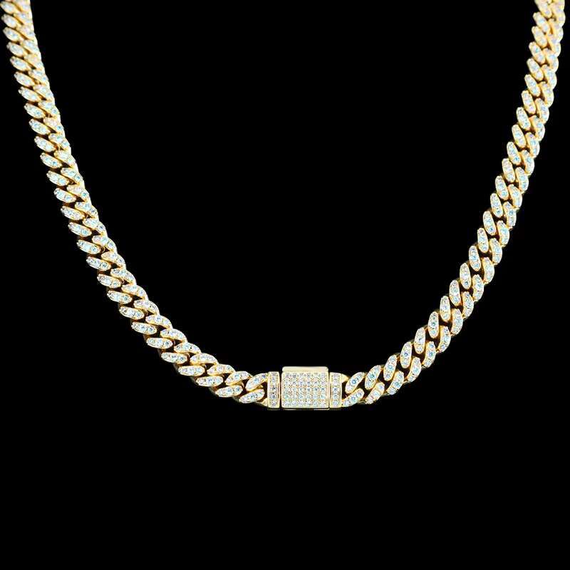 JWY 6mm 925Silver Cuban Link Chain Men Necklace Round 6-grain Moissanite Diamond 14k Gold Chain Men Iced Out Cuban Necklace