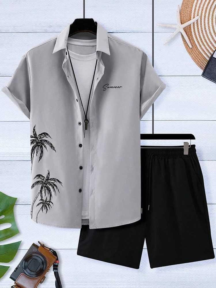 2025 New Hawaiian Print Short Sleeve Mens Shirt Summer Daily Mens Shorts Travel Vacation Casual Shirt And Beach Shorts Set W250609