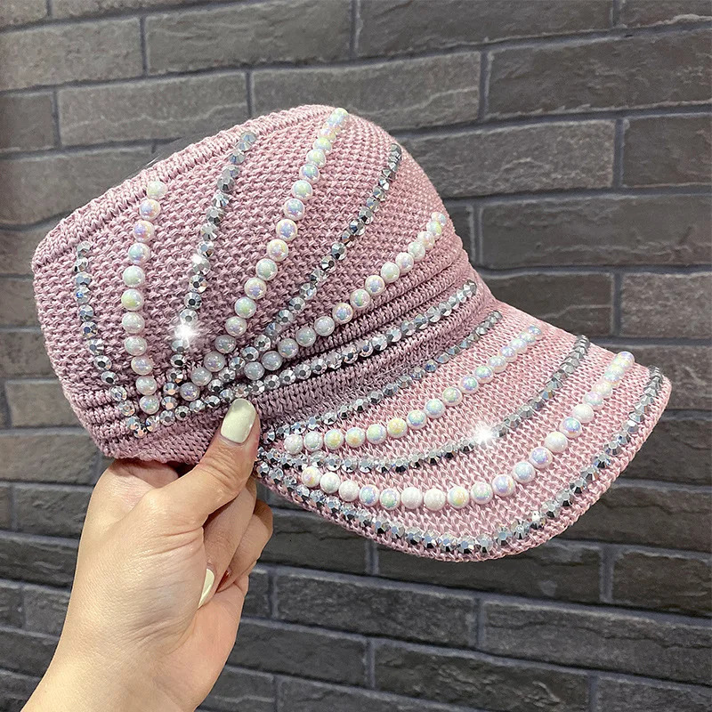 Shining Diamonds Pearls Sun Hats for Women Empty Top Visor Bling Lady Cap Casual Outdoor Sport Cap Summer Beach Sunshade Hat 250603