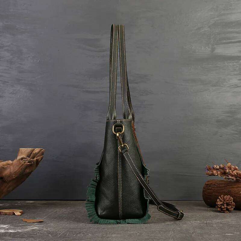 MOTAORA New Retro Casual Handbag Women's Genuine Leather Shoulder Tote Female Handmade Emed Cowhide Crossbody Bucket Bag