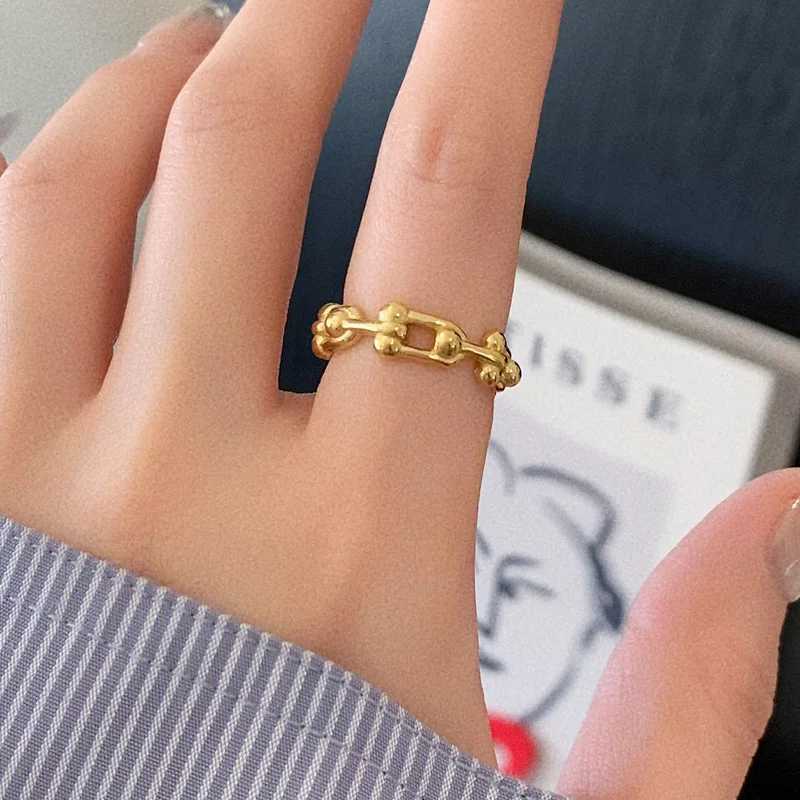 2024 Fashion Geometric 18K Gold Color U-shape Stitching Thick Chain Ring 316L Stainless Steel Woman Man Couple Ring Jewelry W250606