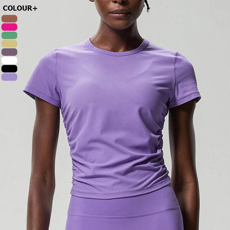 Women Short Sleeve Yoga T-Shirt Solid Color Slim Fit Ribbed Gym Top Breathable Quick Dry Running Sportswear Workout Clothes