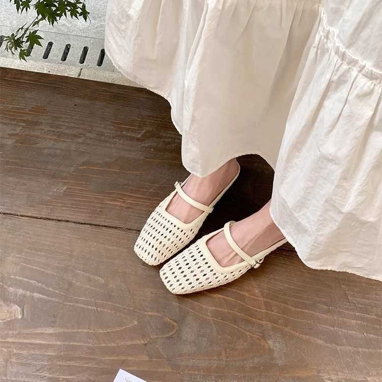 Stepping Clouds Square Toe Woven Chunky Heel Closed Toe Mary Jane Slippers For Women Outdoor Strap Genuine Leather Hollow Out Clogs