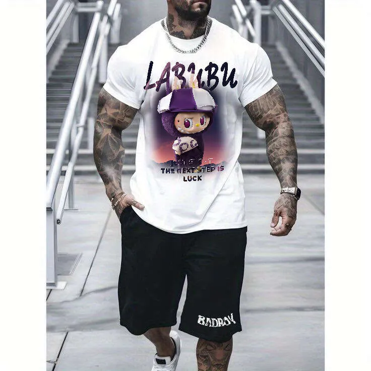 2025 New LABUBU Pure Cotton Short Sleeve Designer T-Shirt American Style Loose Trendy Casual Set Digital Direct Print Labubu Doll