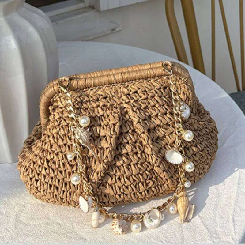 Summer Straw Woven Clutch Bag Women Pearl Chain Bow Purse Vacation Beach Party Wedding Design Evenging Handbag