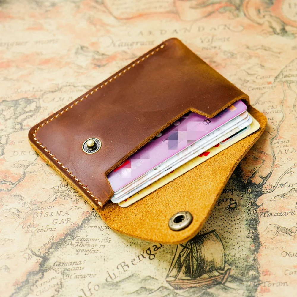 Handmade minimalist cowhide card case. Head layer cowhide creative small snap closure wallet. Japanese retro card bag. 250605
