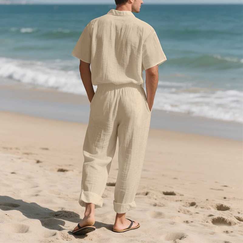 Summer New Casual Mens Linen Outfits Vacation Leisure Solid Color Two Piece Suits Men Fashion Short Sleeve Shirt And Pants Sets W250609