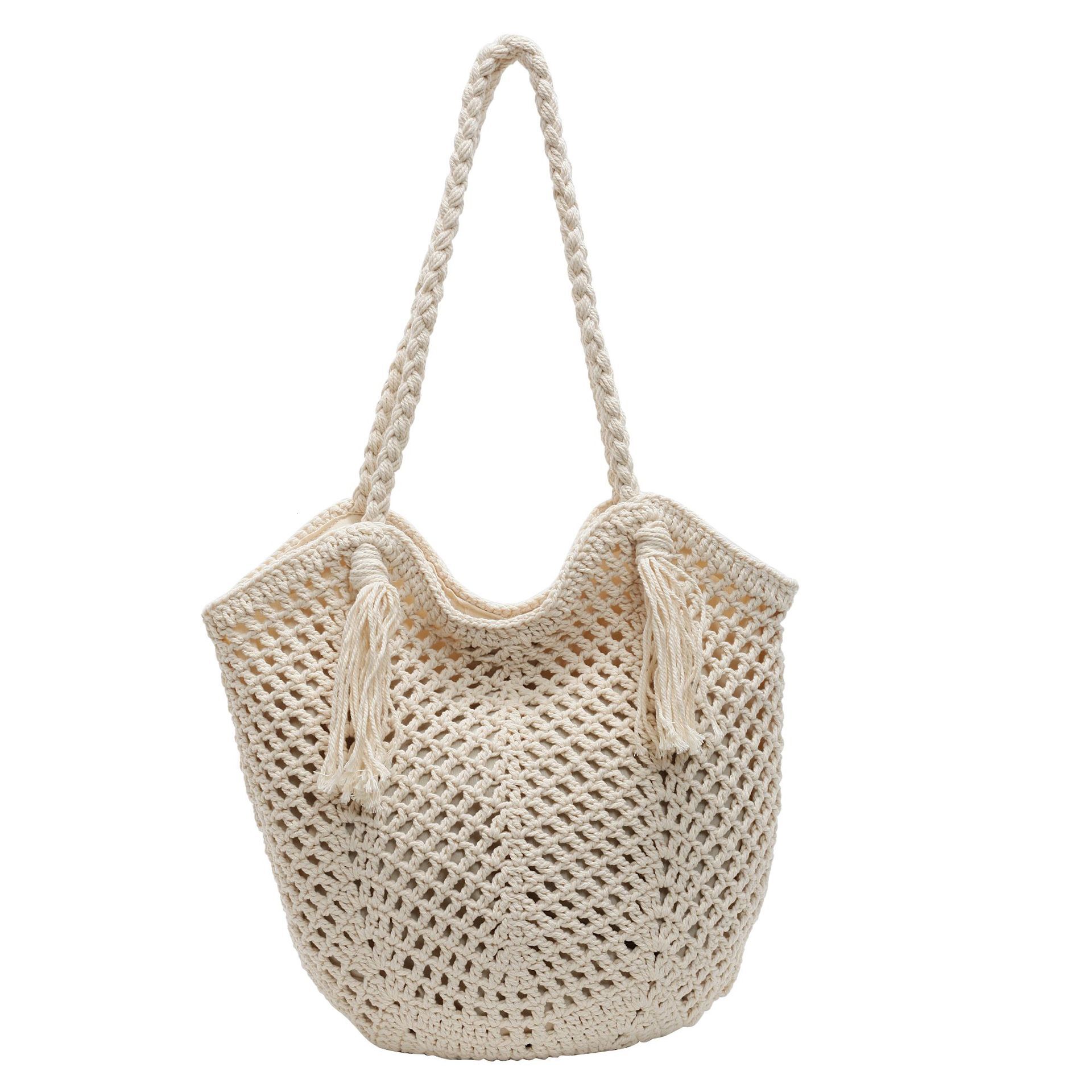 designer Large Capacity Cotton Woven Bag 2025 New Hollow Out Straw Bag Lazy Style Shoulder Bag Vacation Beach Bag Women's Bag