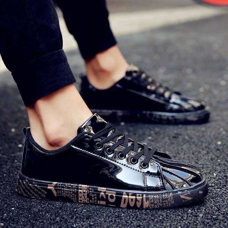 Ddmyoutdoor Gold Sier Black Leather Casual Men Bling Hip Hop Couple Shoes Lace Up Sneakers Outdoor Footwear Street Shoes Outdoor