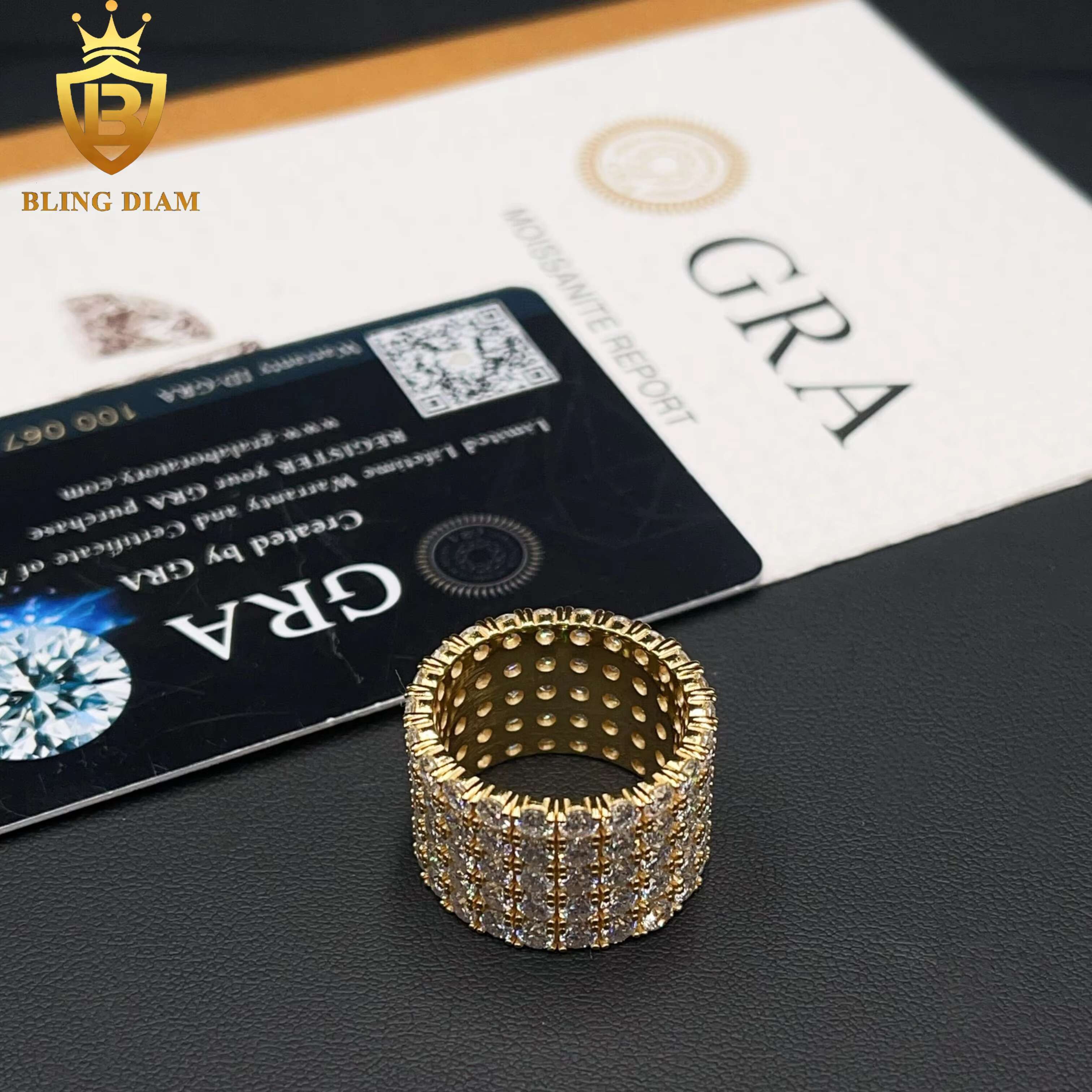 Hip Hop Jewelry 925 Sterling Silver VVS Moissanite Fully Iced 5 Rows Diamond Iced Out Ring for Men