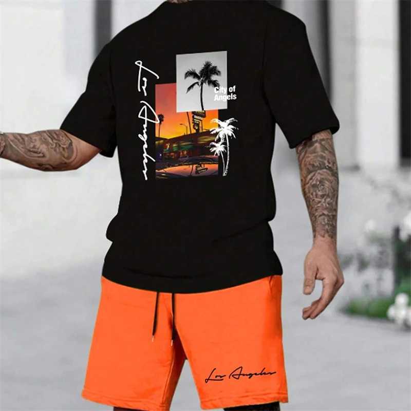 Summer New Mens Short-sleeved Hawaiian Print Two-piece Beach Vacation Breathable Short-sleeved With Drawstring Loose Shorts W250609