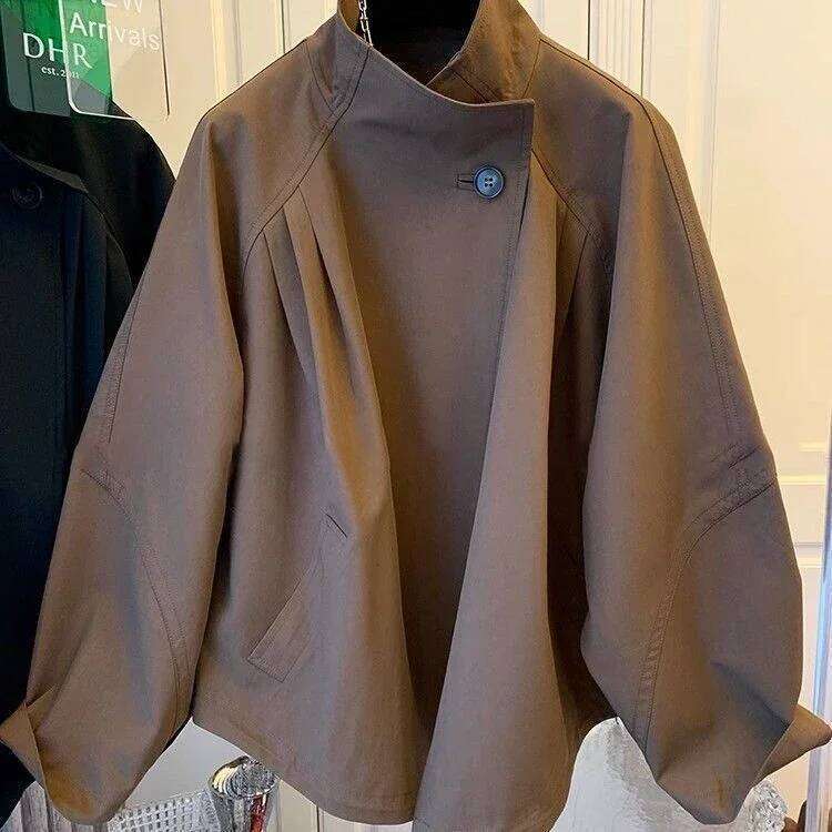 French retro fashion collar solid color windbreaker women's spring and autumn new plus size loose temperament Joker casual coat