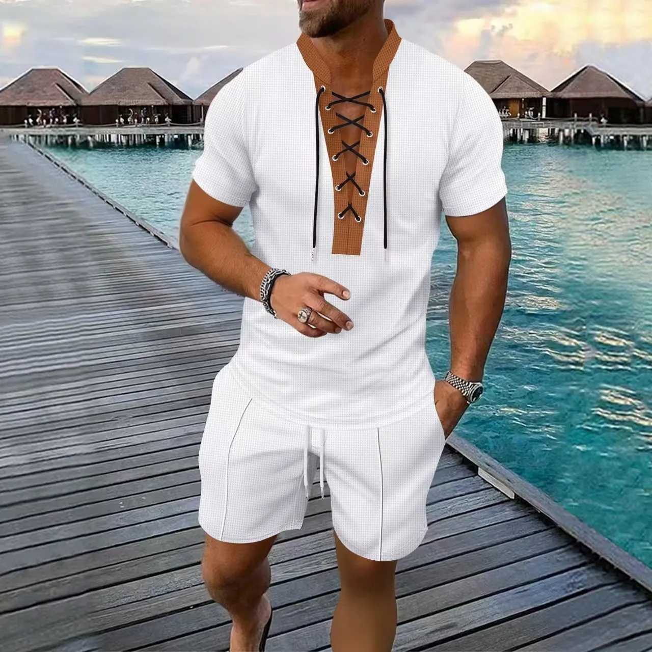 2025 Mens Summer New Casual and fashionable drawstring design T-shirt top Waffle two-piece Mens shorts set W250609