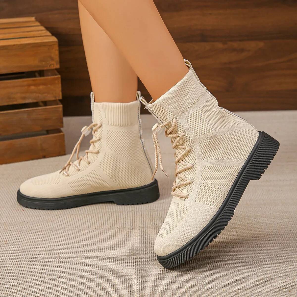 Ddmyoutdoor Women Shoes Fashion Elastic Casual Ankle Winter Trend Short Plush Warm Knnited Boots Size Flats Outdoor Shoes