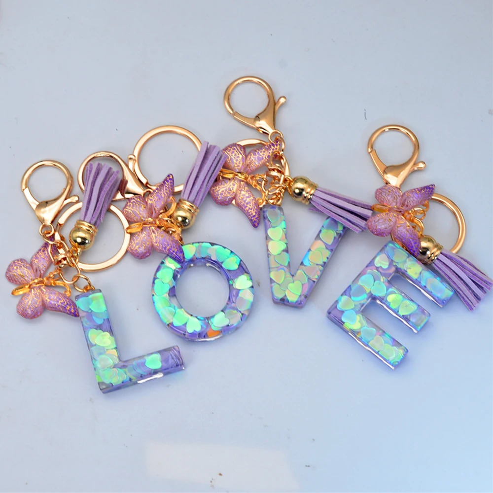 Exquisite 26 Initial Blue Shiny Resin Keychain A to Z Letter Purple Butterfly Tassel Pendant Keyring for Women Men Couple Gift 250606