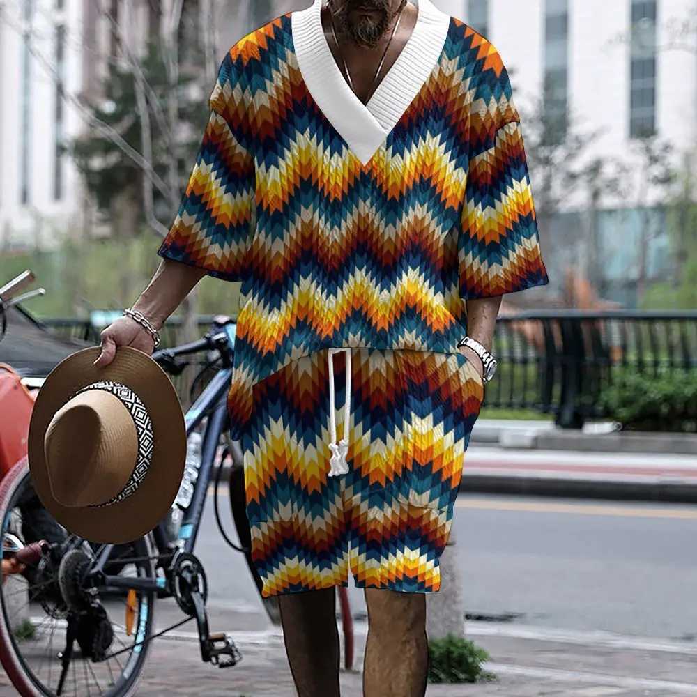 2024 New High Quality Knit Mens Set Summer V-neck Half-sleeve T-shirt And Shorts Two-piece Casual Striped 3D Mens Clothing W250609