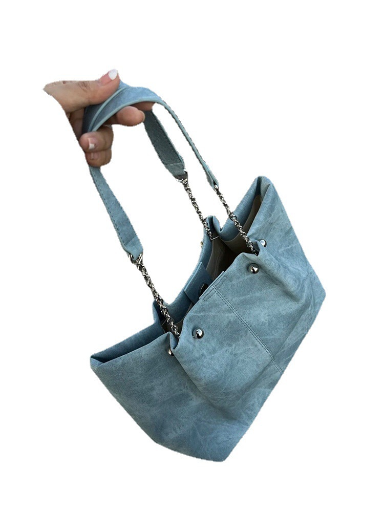 designer 2025 New Niche Design Student Large Capacity Tote Bag for Women High-end Denim Pattern Chain Shoulder Handbag