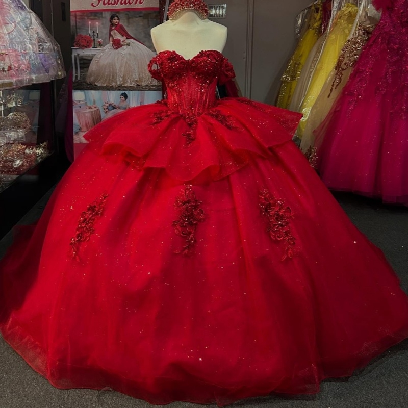 Red Shiny Quinceanera Dresses Ball Gown Off The Shoulder Applique Flower Beads Tull Sweet 16 Dress Vestidos 15 De Anos