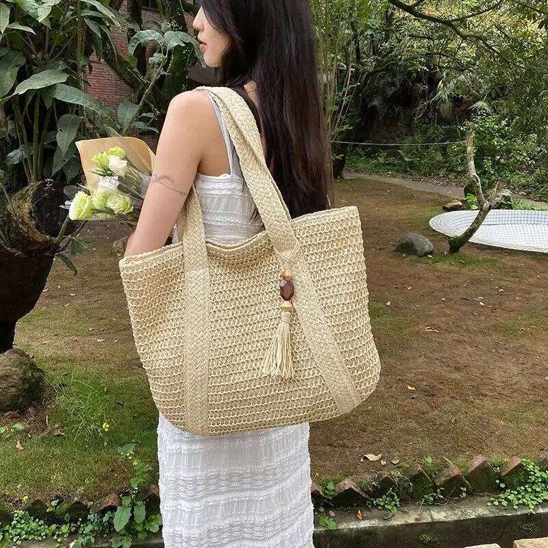 Elegant Straw Woven Handbag Women's Retro Tote Shoulder Bag Beach Holiday Casual Top-Handle Commute Fashion Purse