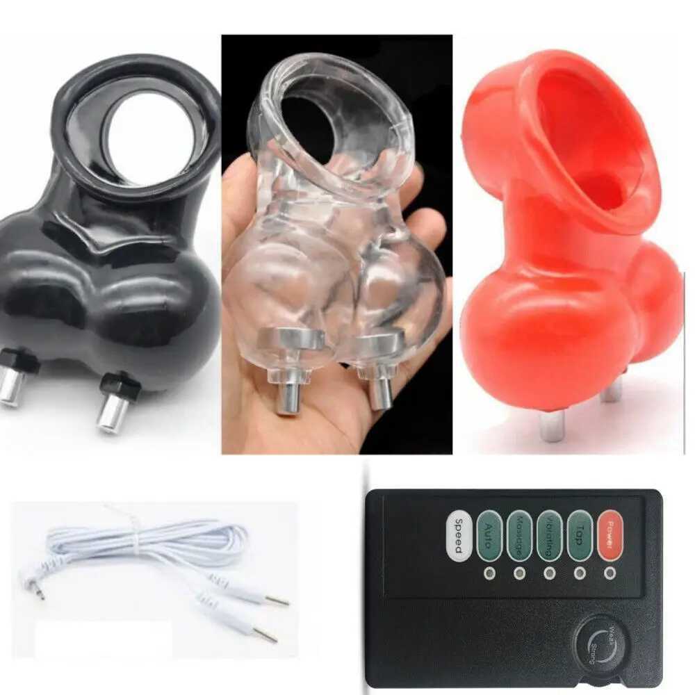 Electric Shock Testicle Stimulator Chastity Cage Male Electro Scrotum Pouch BDSM Bondage Cock Scrotum Sleeve Trainer E-stim Toys XJ250607