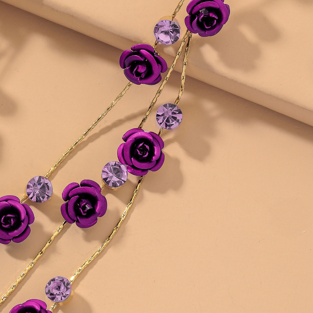 Bohemian Purple Rose Rhinestone Tassel Drop Earrings Hypoallergenic Silver Post Elegant Long Earrings for Women