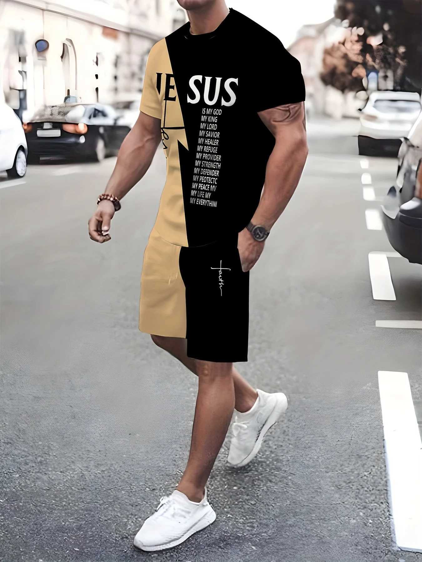 New Mens Summer Refreshing Breathable T-shirt Shorts Two-Piece Set Unique Black and Brown Splicing Letter W250609