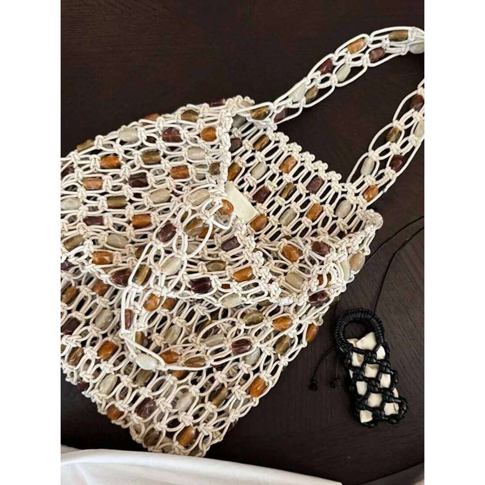 Beaded woven bag Bucket Phone Purse Handmade Hollow Out Cotton Rope Crochet Bag Handbag For Girls