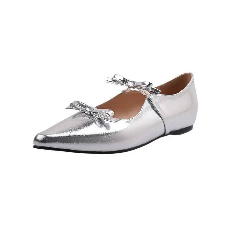 ddmyoutdoor Fashion Bow Mary Jane For Women Thick Heels Round Toe Soft Sole Single Shoes Woman Sier Leather Flats Plus Size Outdoor Outdoor Shoes