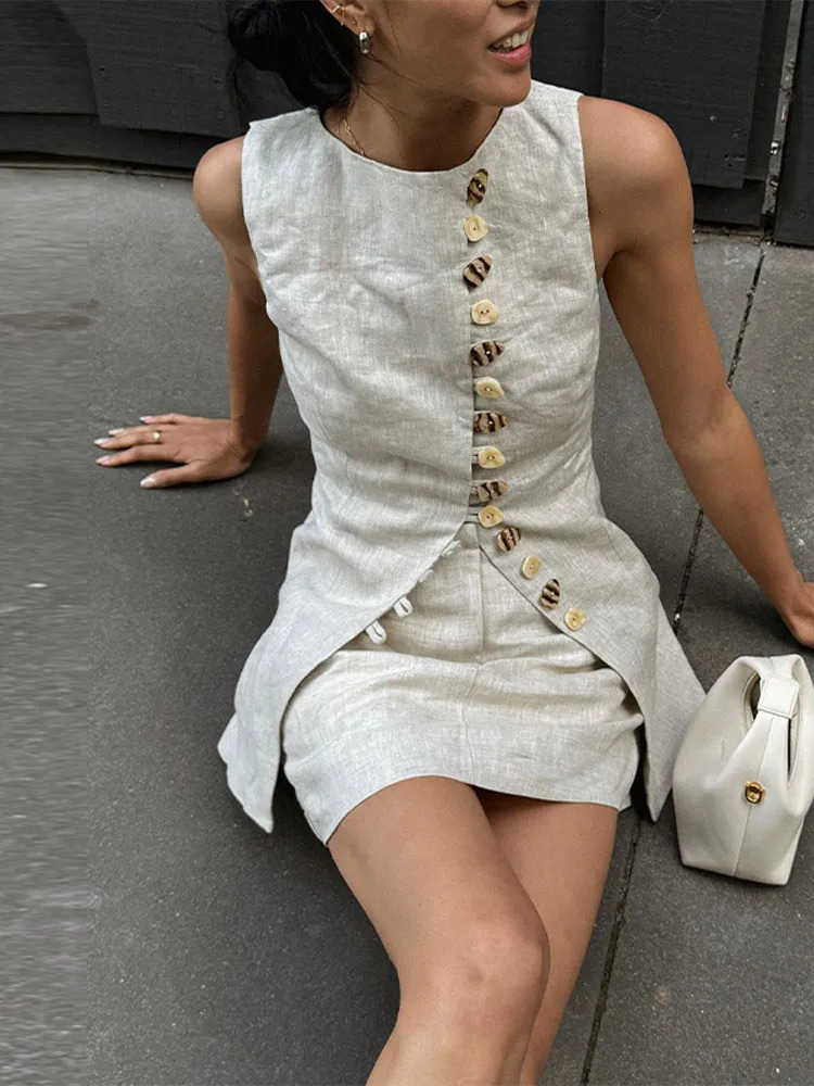 Cotton Linen Vest Mini Skirts Suits Women O Neck Single Breasted Lace Up Sets Female 2025 Spring Soft Solid Sets 2 Pieces 250605