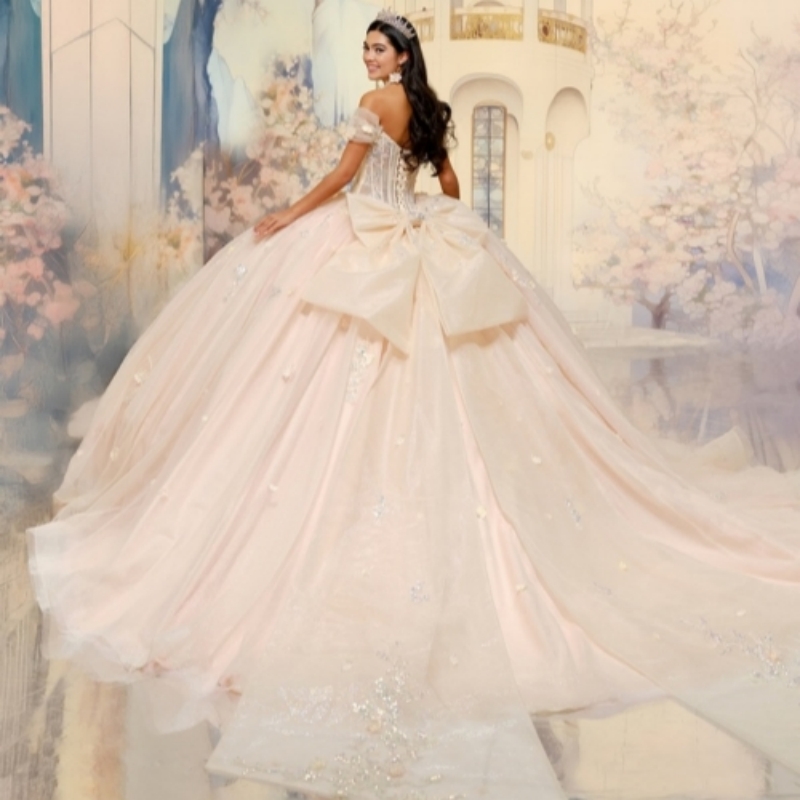 Champagne Shiny Quinceanera Dresses Ball Gown Off The Shoulder Applique Flower Beads Tull Sweet 16 Dress Vestidos 15 De Anos