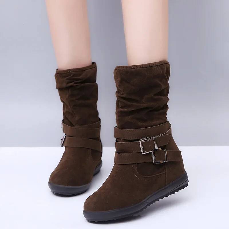 Ddmyoutdoor Women Fashion Casual Suede Leather Buckle Boots High Heeled Snow For Femme Ladies Shoes Outdoor Shoes