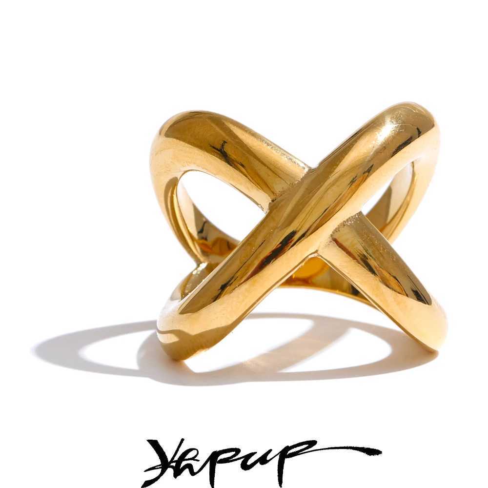 Yhpup 6789# PVD Plated Statement Stainless Steel X-Shape Geometric Finger Ring Waterproof Smooth Metal Handmade Polished Jewelry W250606