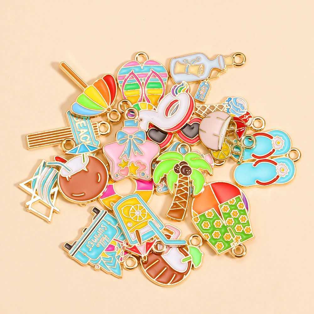 20Style/set Gold Color Beach Vacation Series Charms Enamel Coconut Beverage Slippers Beach Chair Pendants DIY Crafts Jewelry Making XJ250607