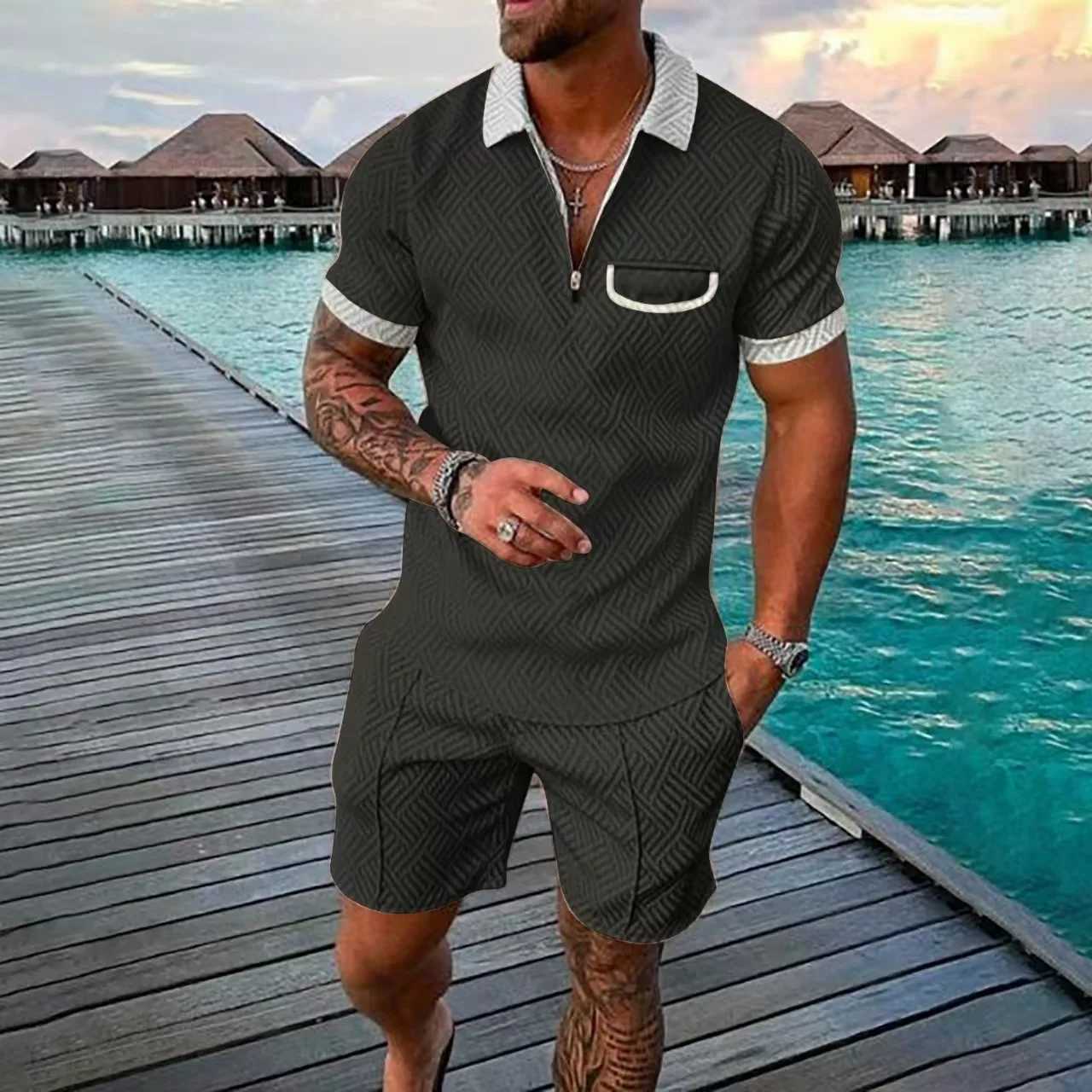 2025 new summer mens fashion lapel leisure sports set 3D digital printed zipper short-sleeved pullover pull-up shorts two sets W250609