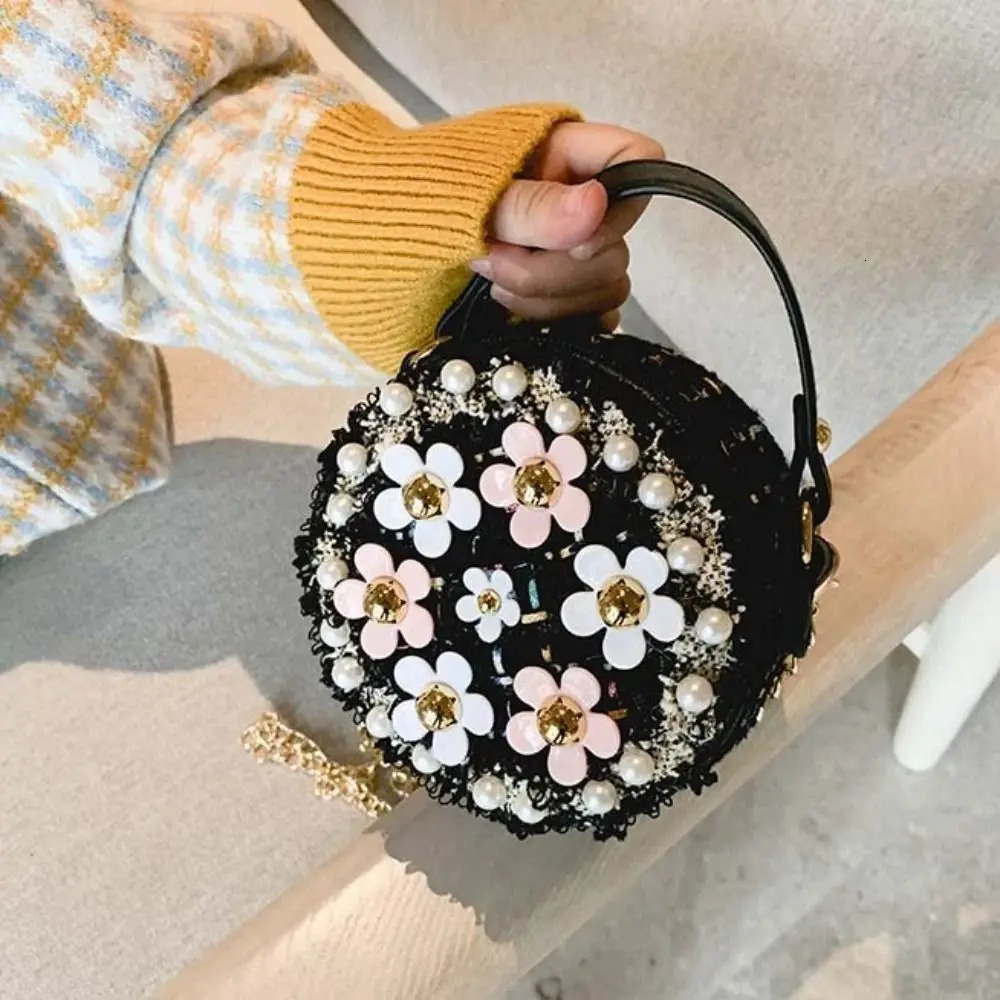 Creative Flower Children Crossbody Bag Metal Chain Mini Shoulder Pearl Fresh Round Princess Handbag Girls 250605