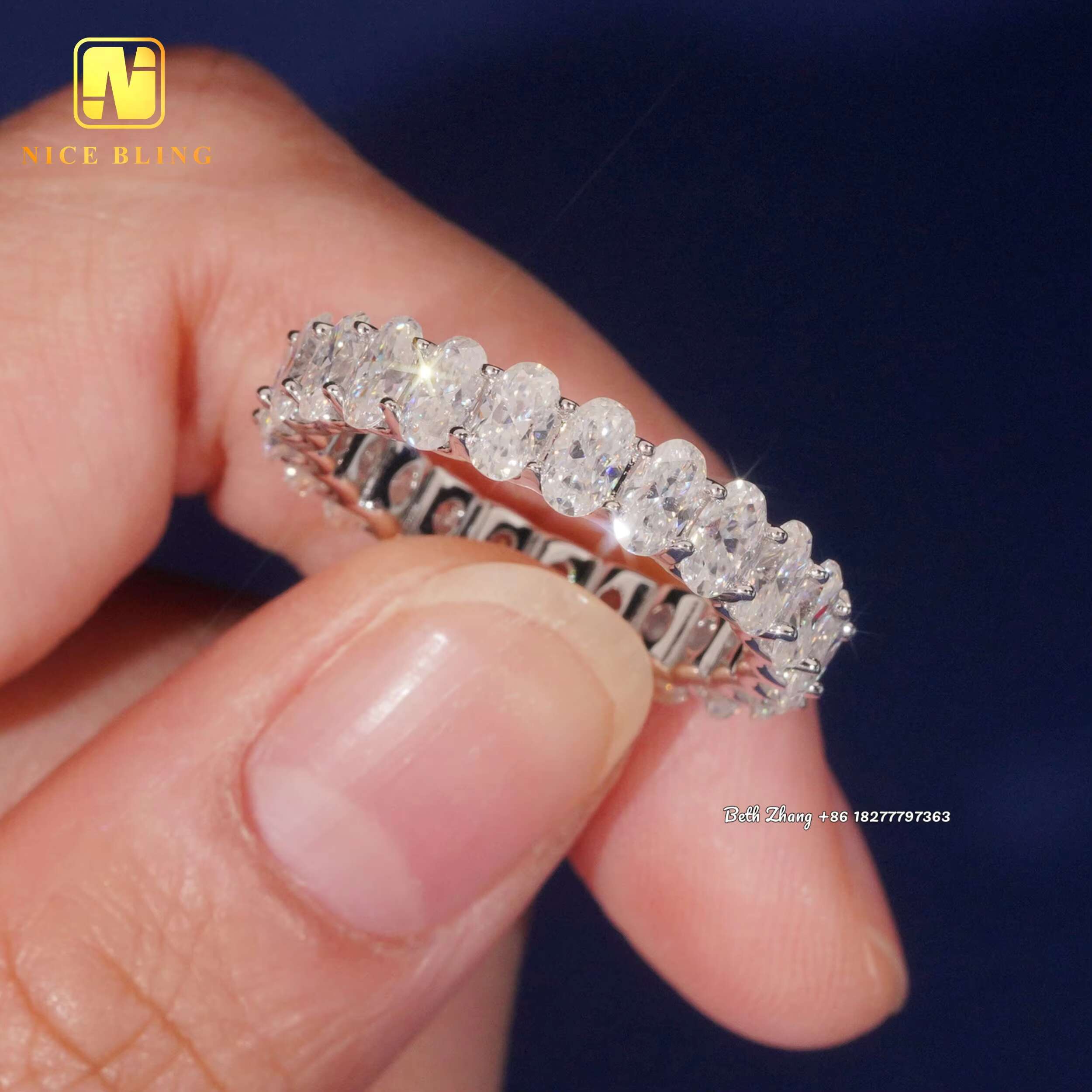 Fashion Engagement Bands 925 Silver Oval Moissanite Diamond Tennis Rings Trendy Hip Hop Wedding Ring for Men Women