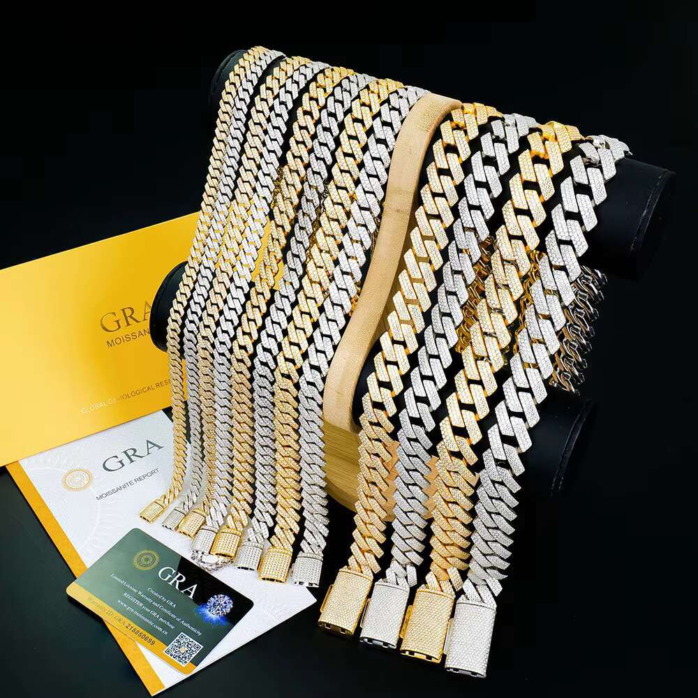 2 Rows Moissanite 10mm Width Cuban Necklace Hip Hop 18k White/Yellow Gold Plated Full Iced Out Miami Cuban Link Chain