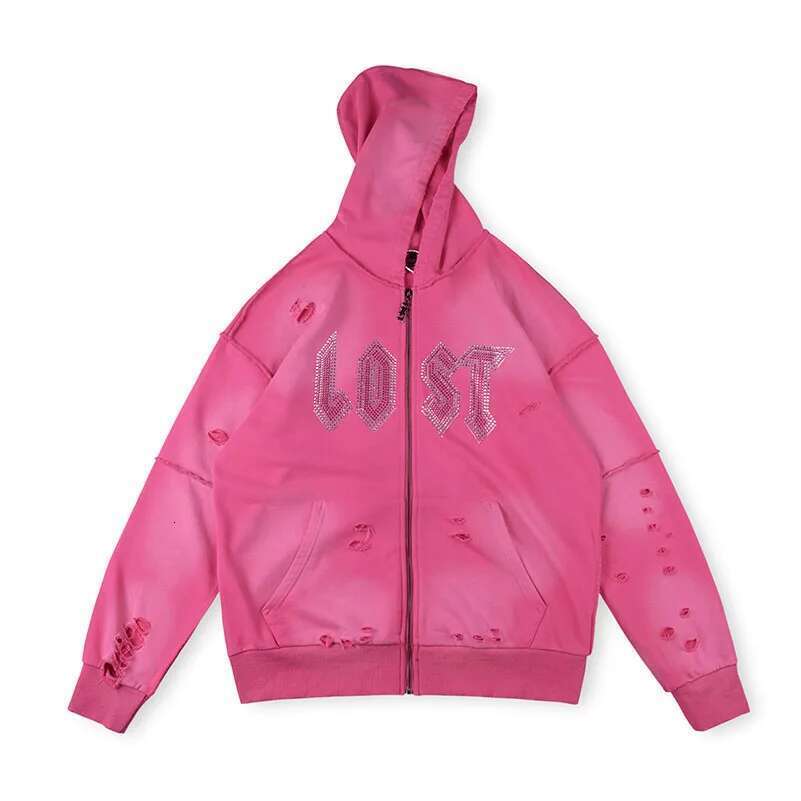 Streetwear Lost Rhinestone Hole Zipper Hooded Jacket Hoodies for Men Washed Baggy Casual Sweatshirts Oversized Cardigan Hoody