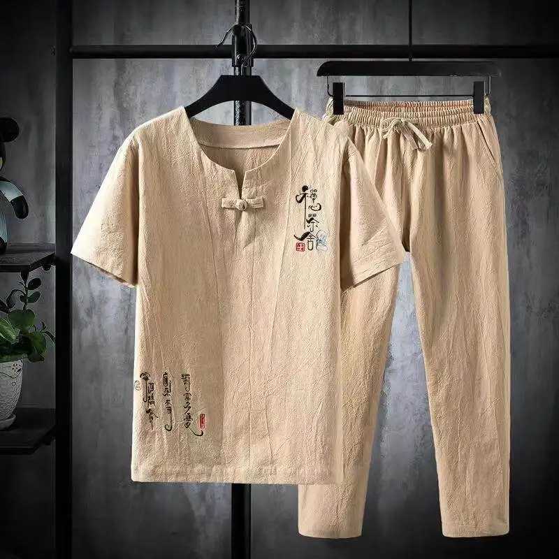 (Shirt + trousers) 2025 summer Chinese Style men shirt Cotton and linen shirts mens High quality casual shirts Two Piece M-5XL W250609