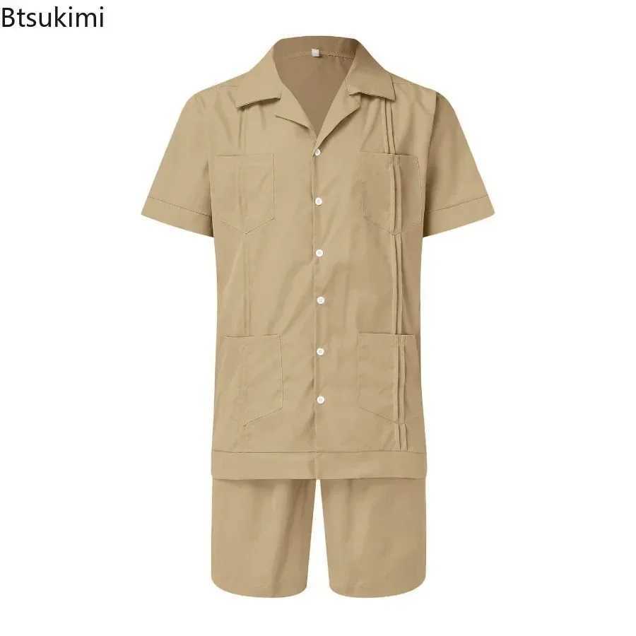 New Mens Summer Casual Sport 2 Piece Sets Fashion Cotton Linen Short Sleeve Shirt and Shorts Suit Men Loose Sport Shirt Outfits W250609