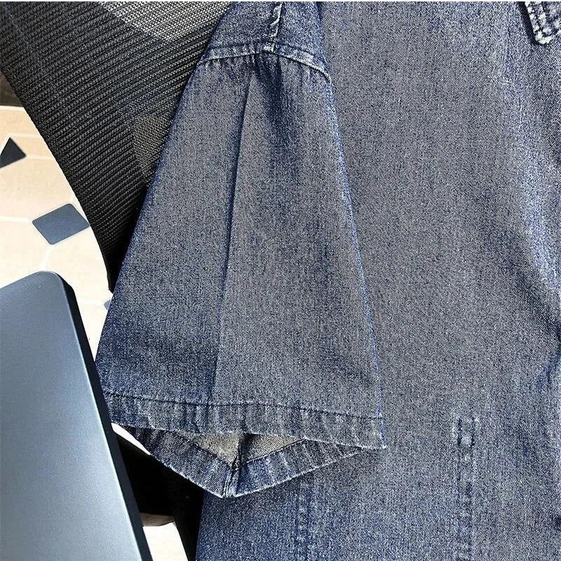 Mens Chinese Button ShortSleeved Denim Shirt Washed Tooling Jeans Jacket Loose Retro 2025 Summer HalfSleeved Top 250530