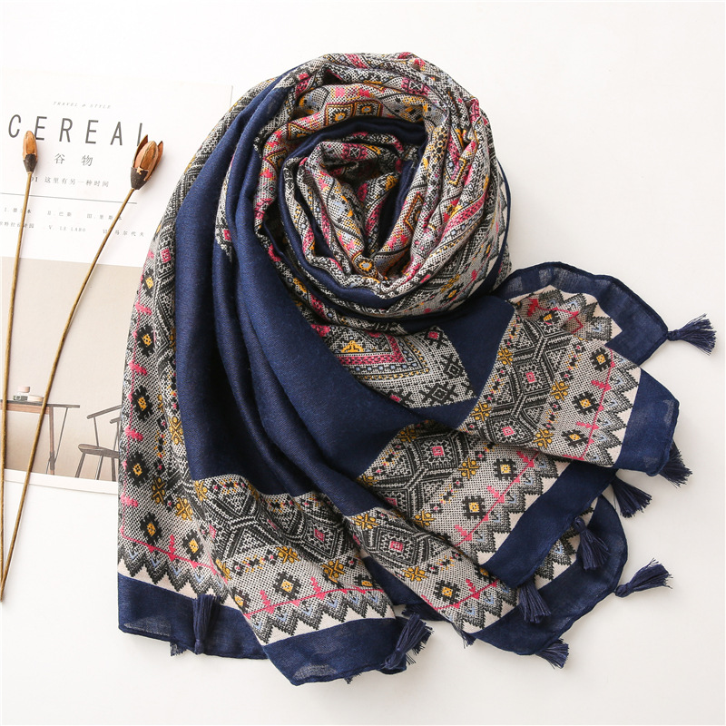 K948 Korean women's new diamond plaid literary style square printed cotton and linen soft long silk scarf sunshade shawl
