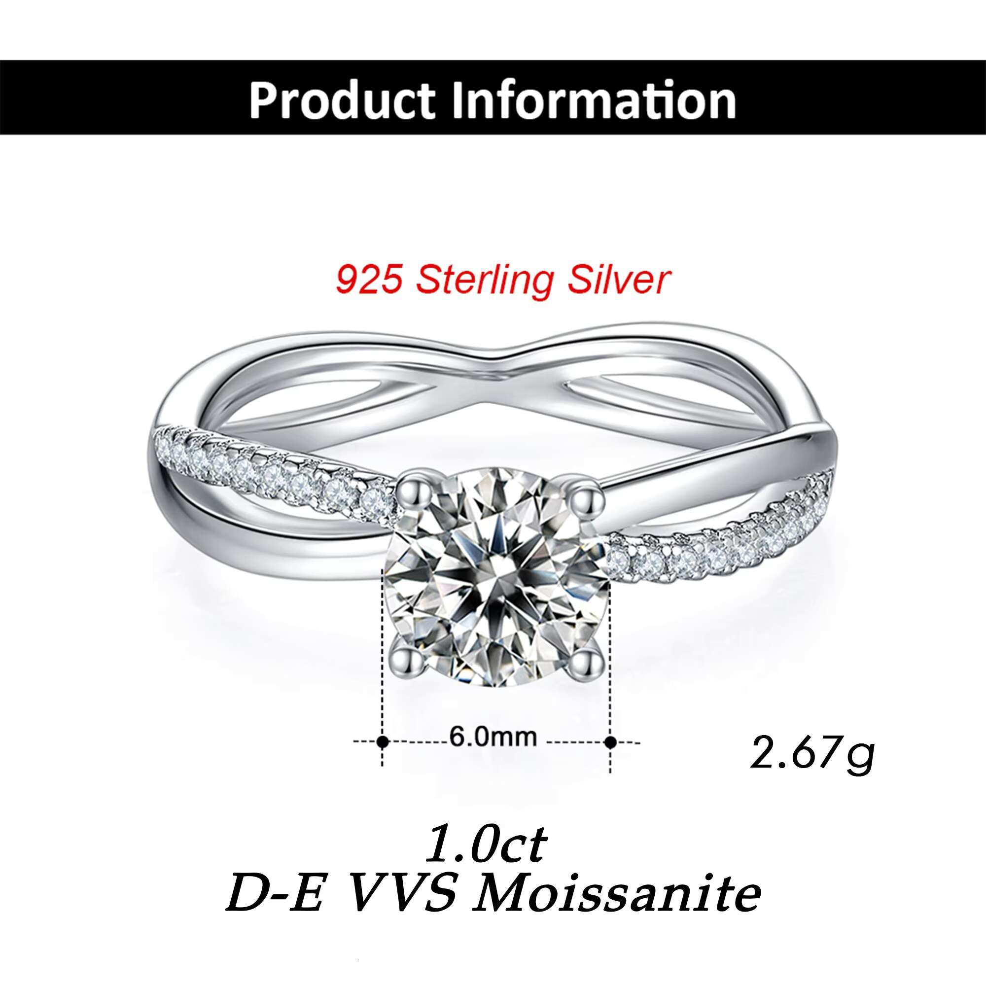 RINNTIN SMR61 S925 Sterling Silver Infinity Ring Center 1.0 Ct DE Color Moissanite Stone Engagement Ring
