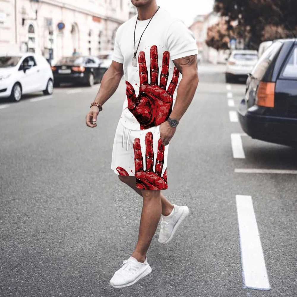 Summer fashion T-shirt+shorts 2-piece set for mens casual fitness jogging sportswear hip-hop breathable short sleeve set W250609