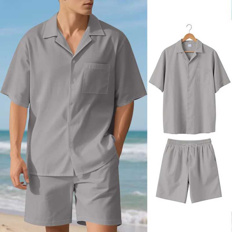 Ice silk cotton linen breathable beachwear for men light luxury casual vacation style set trendy short sleeved plus loose shorts W250609