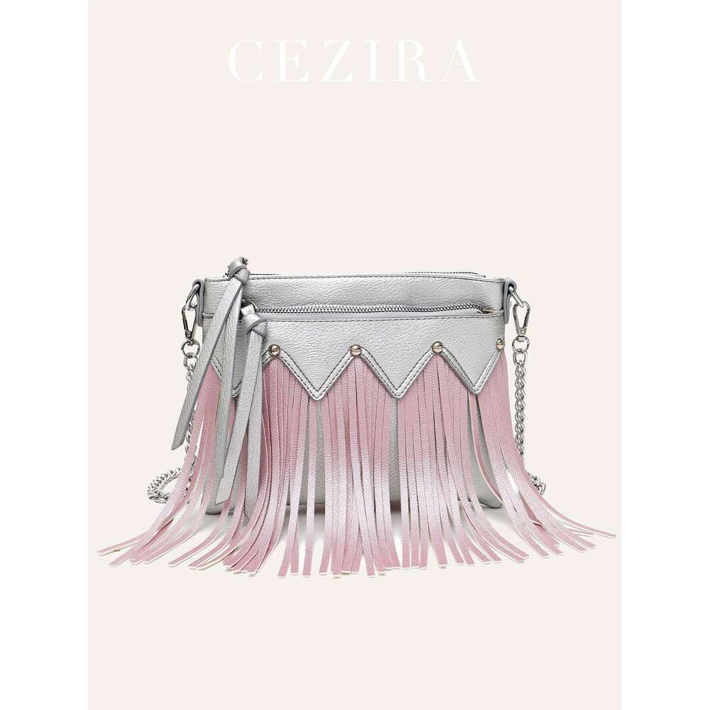 CEZIRA Fashion Chic Metallic PU Leather Contrast Color Tassel Handbag For Women Fringe Studded Chain Cross Body Bag Boho Casual