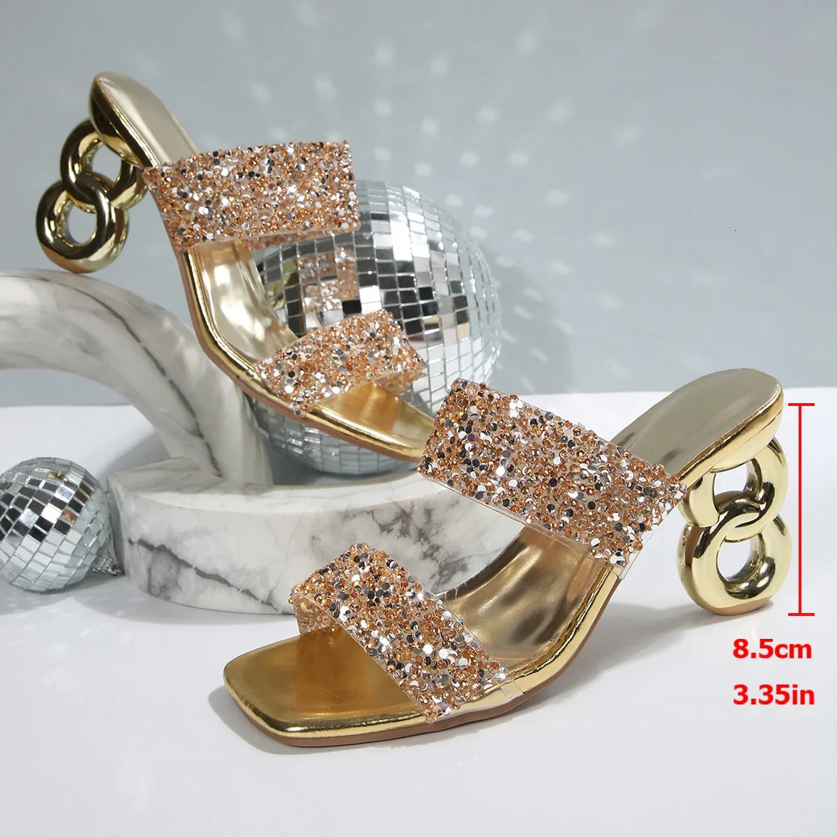 Gold Metal Heels Slippers Women Summer Fashion Slip On Silver Glitter Sandals Woman Plus Size 43 High Heeled Mules Shoes 250605